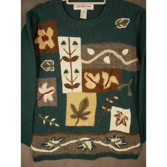 VTG Crystal Kobe Sweater Large Green Chunky Knit Floral Cottagecore - Picture 2 of 7